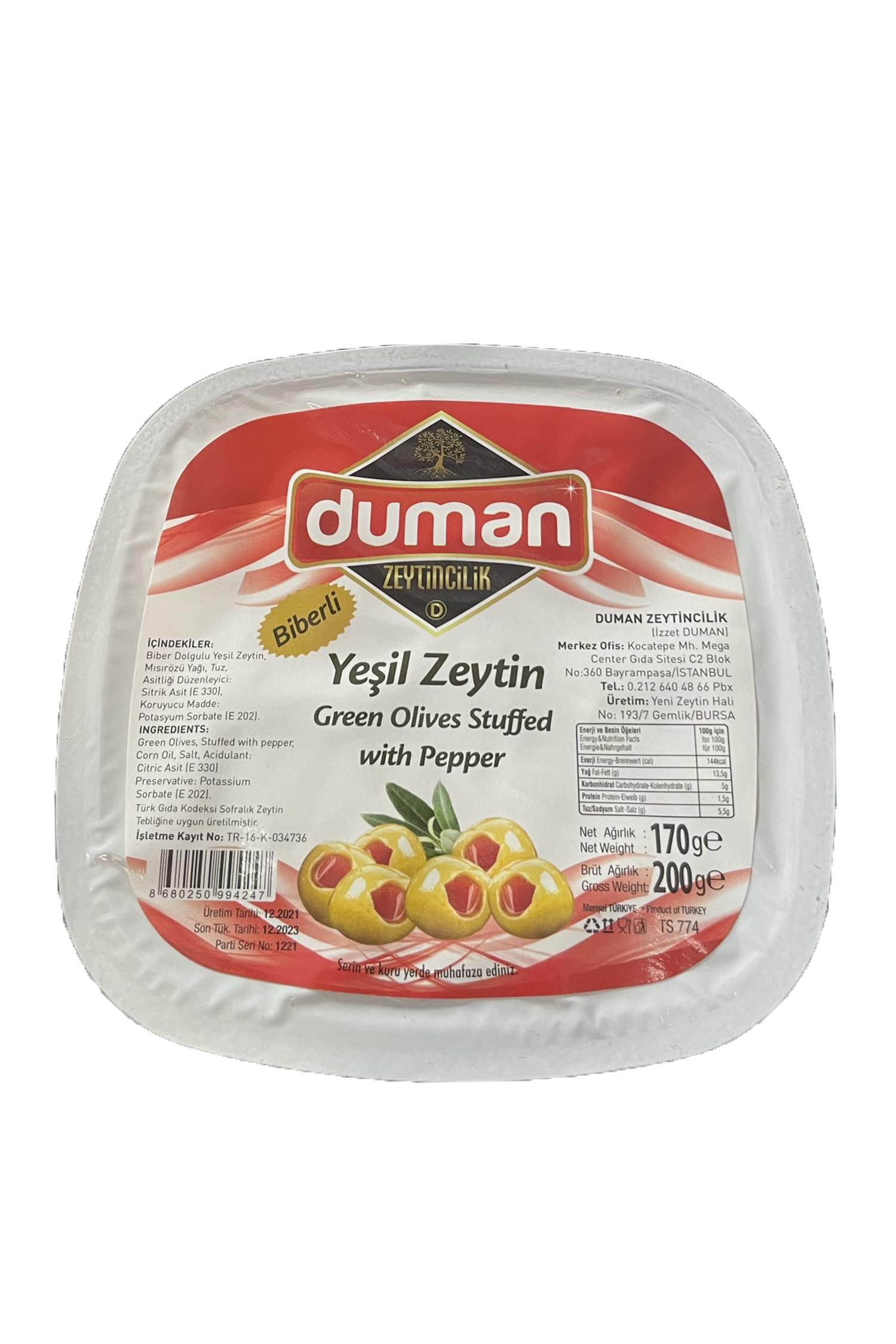 BİRİNCİ KALİTE KAHVALTILIK BİBERLİ YEŞİL ZEYTİN 200 GR