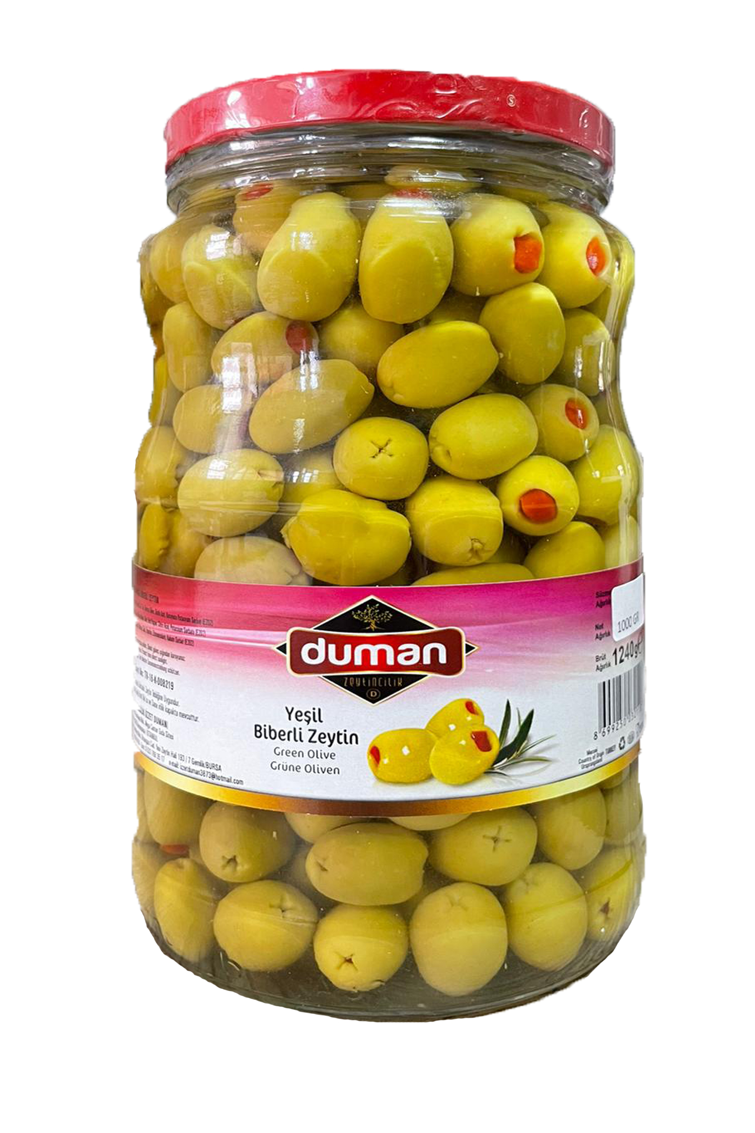 DUMAN GURME BİRİNCİ KALİTE KAHVALTILIK YEŞİL BİBERLİ ZEYTİN KAVANOZ 1000 GR