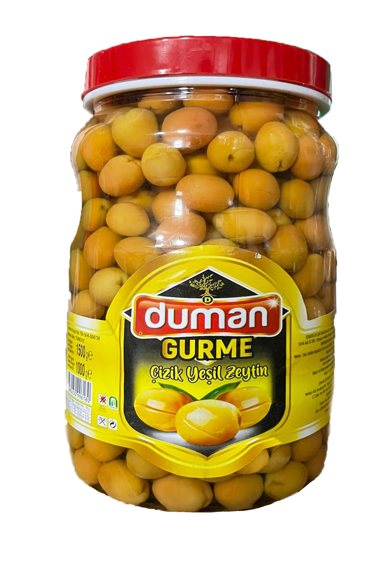 DUMAN GURME BİRİNCİ KALİTE KAHVALTILIK ÇİZİK YEŞİL ZEYTİN KAVANOZ 1000 GR