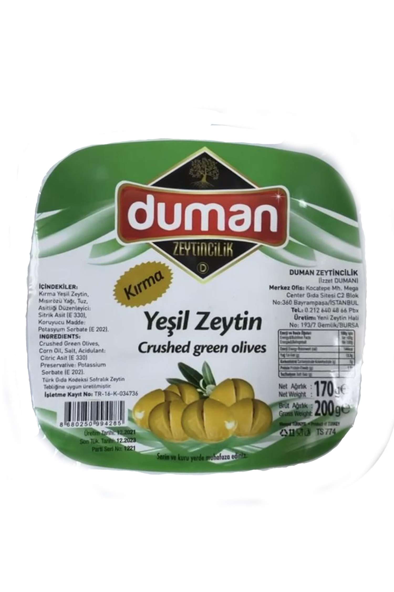 DUMAN GURME BİRİNCİ KALİTE KAHVALTILIK YEŞİL KIRMA ZEYTİN PAKET 200 GR